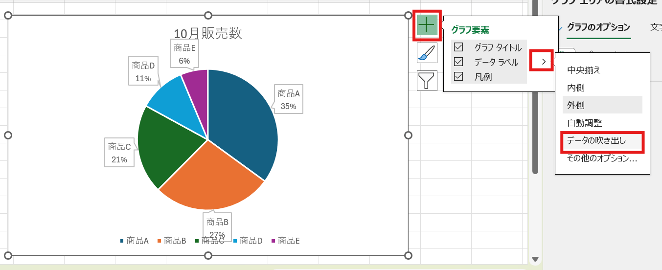 グラフ要素 > データラベルから「吹き出し」にする